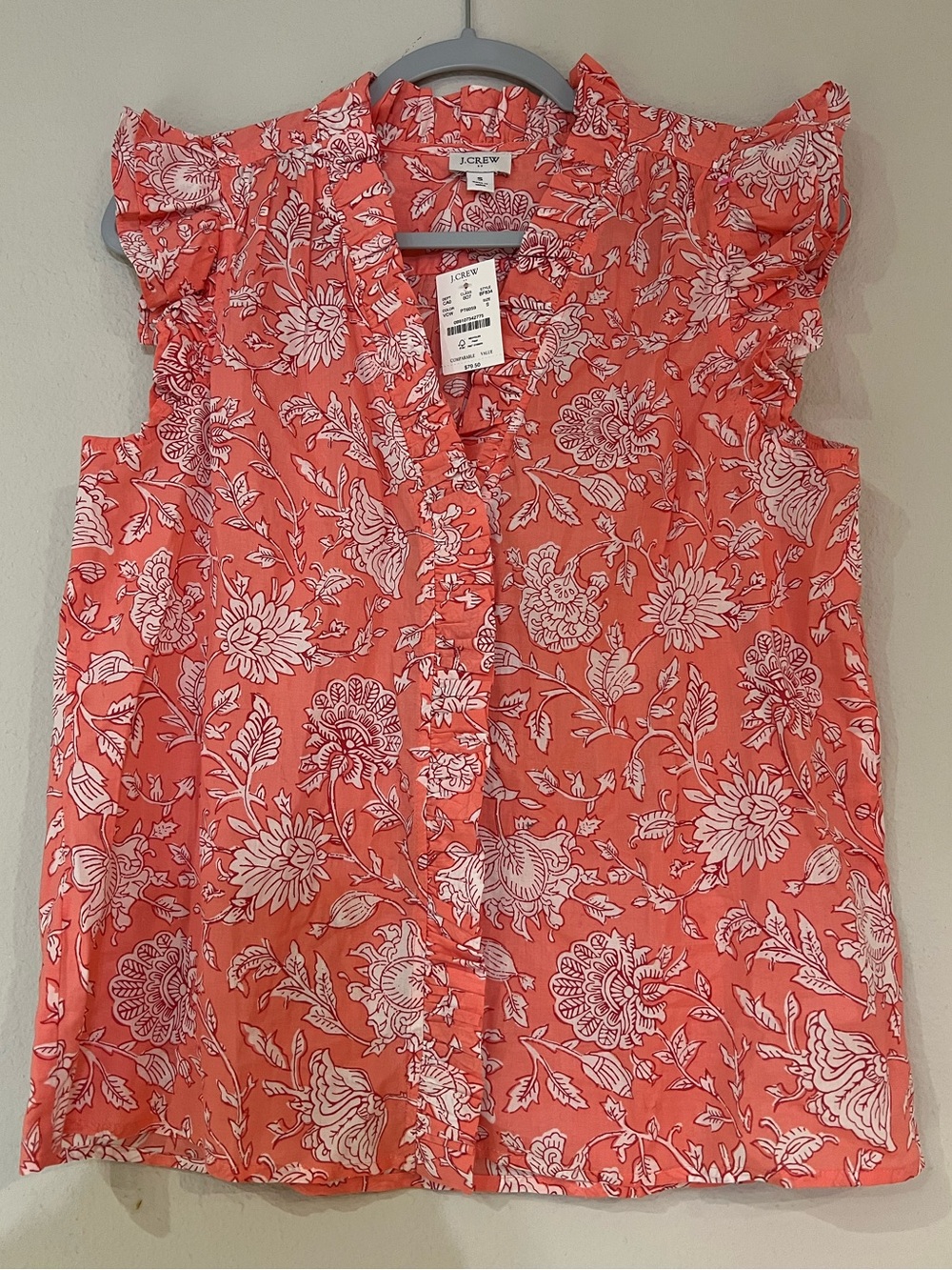 NWT J.‎ Crew ruffle trim sleeveless blouse white and pink floral print button